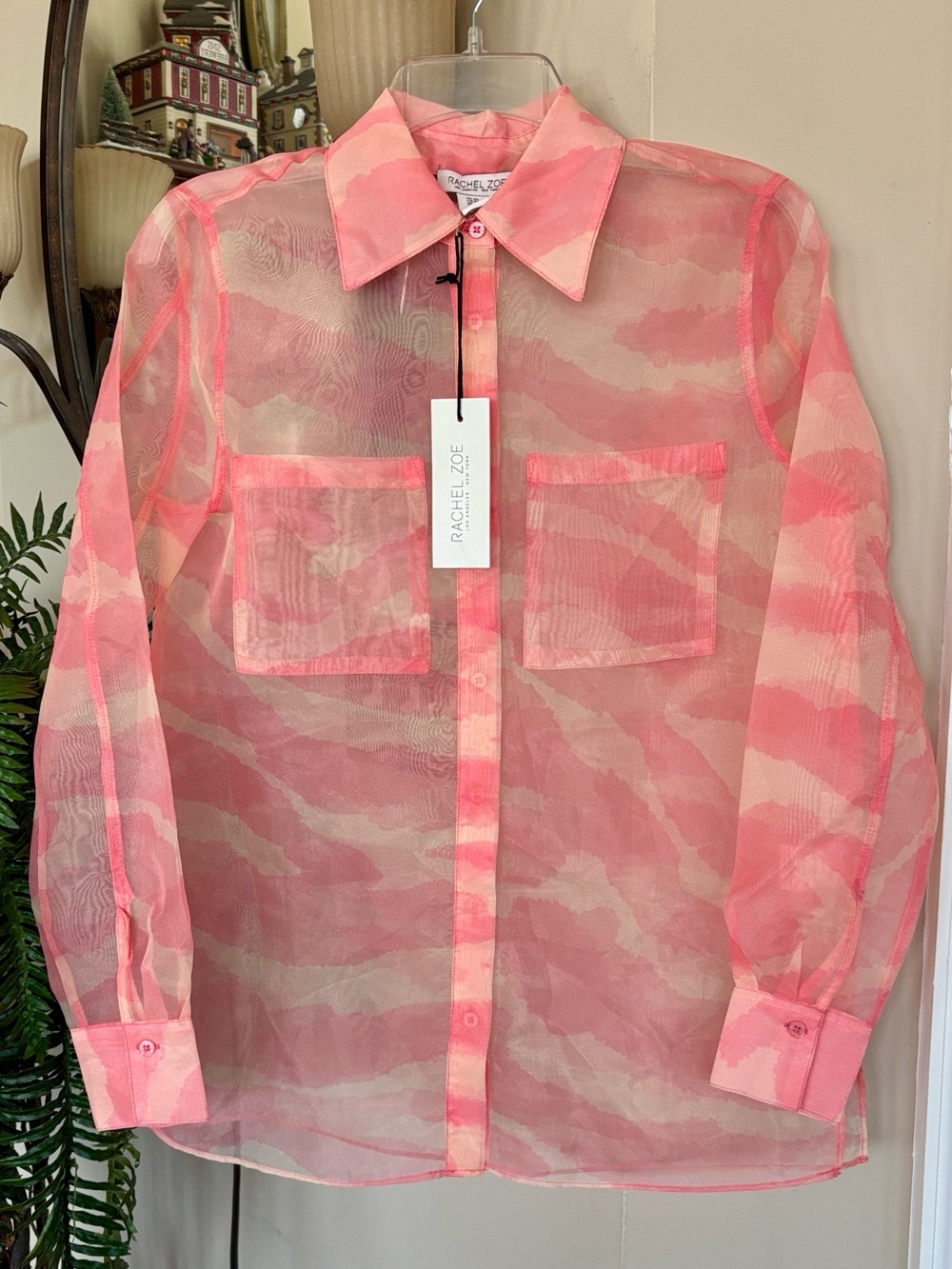 NWT Rachel Zoe Pink & Cream Sheer Camouflage Button-Up Shirt Jacket Blouse